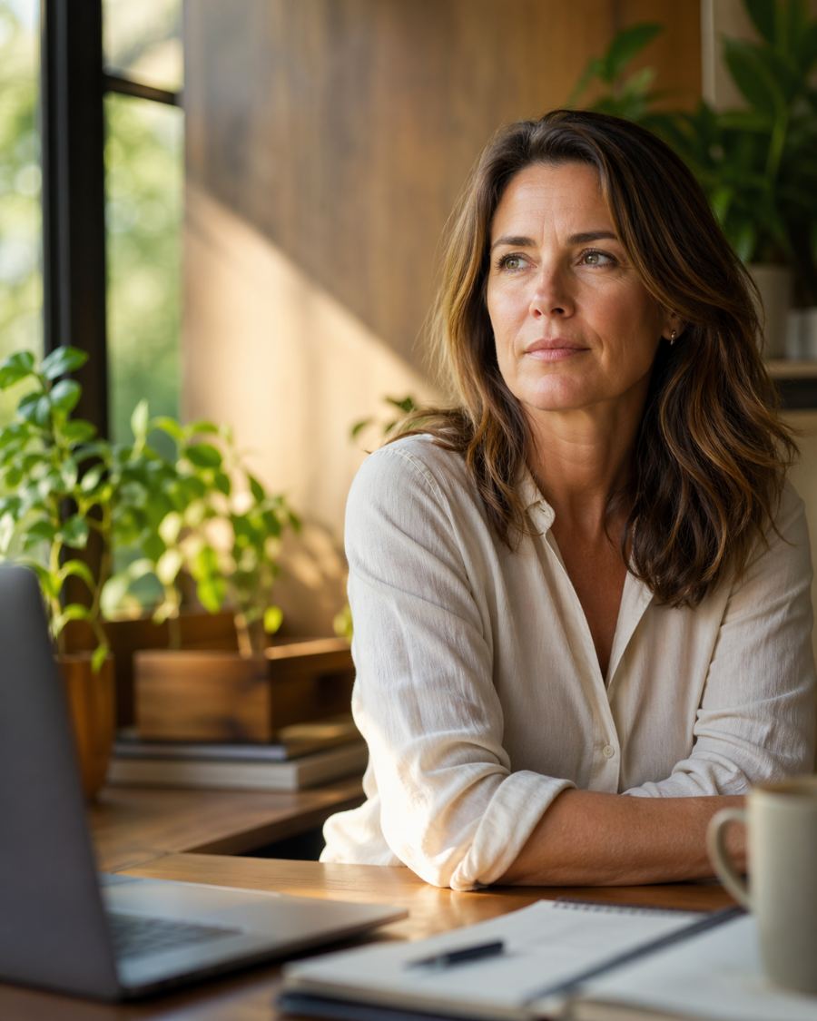 A person at her desk by a window, in a reflective work moment
