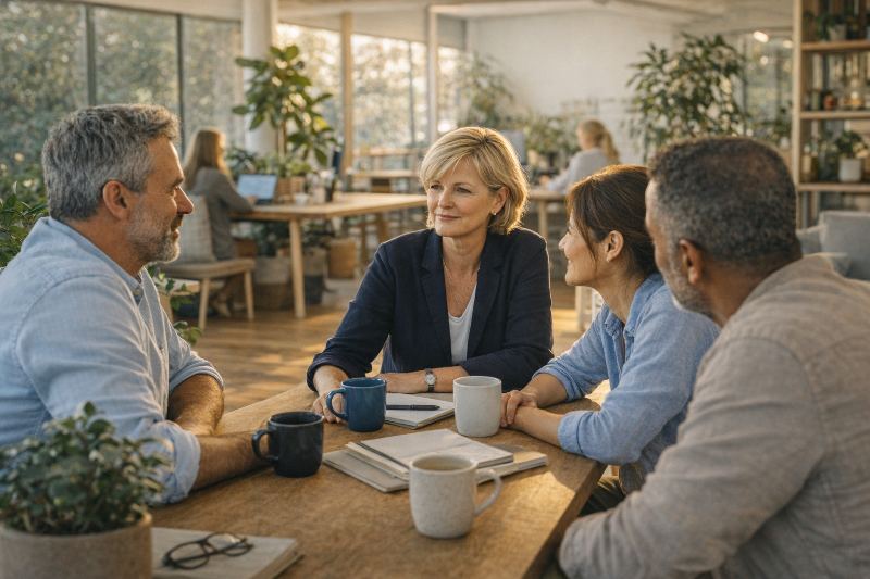 A diverse group in a professional referral conversation