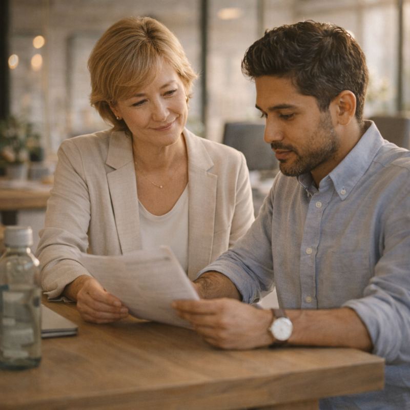 Two people in a one-to-one coaching conversation, reviewing paperwork together