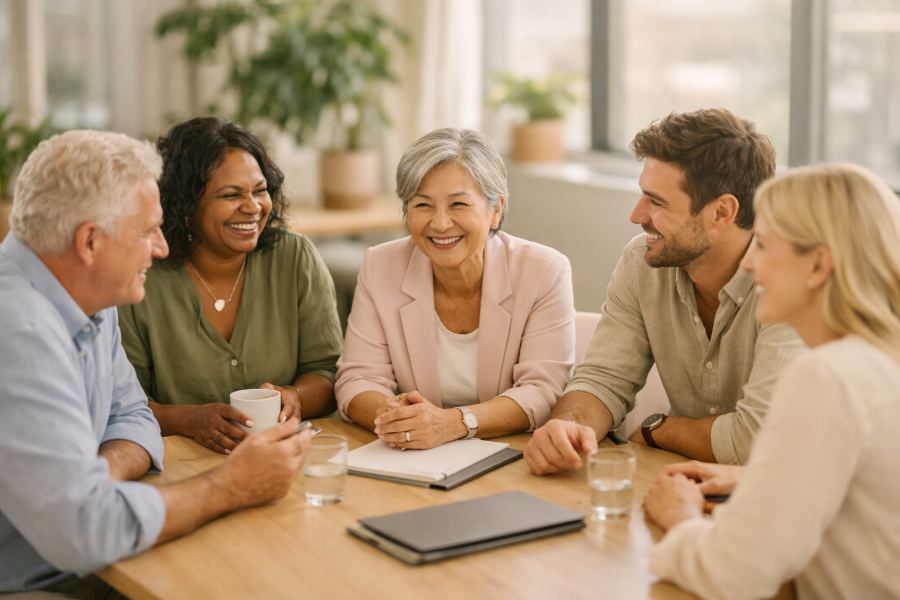 A diverse team in a warm, collaborative workplace conversation