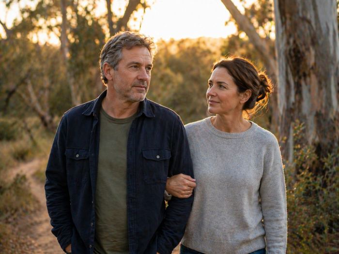 Two adults walking together in nature
