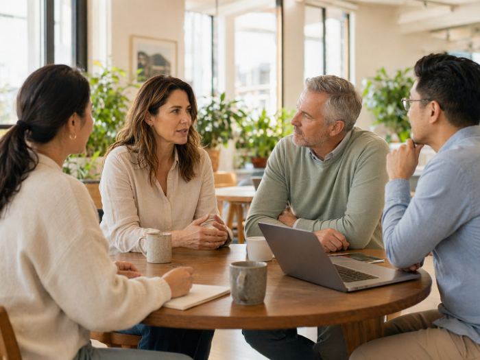 A small group in a workplace conversation