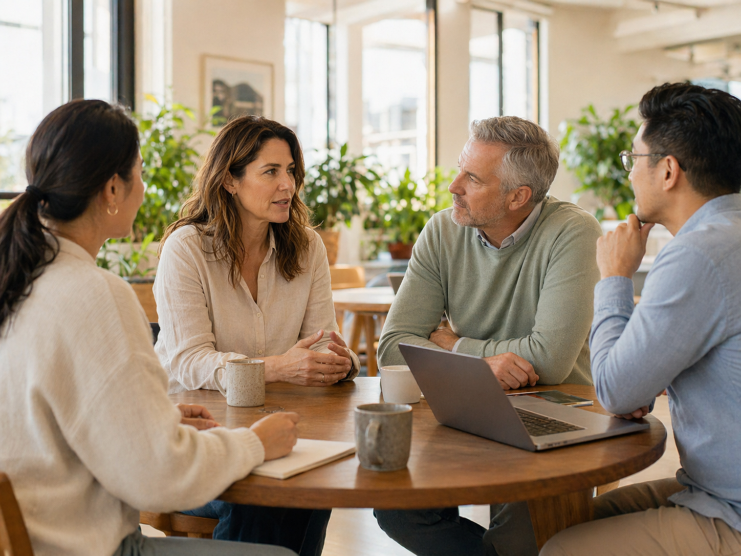 A small group in a workplace conversation